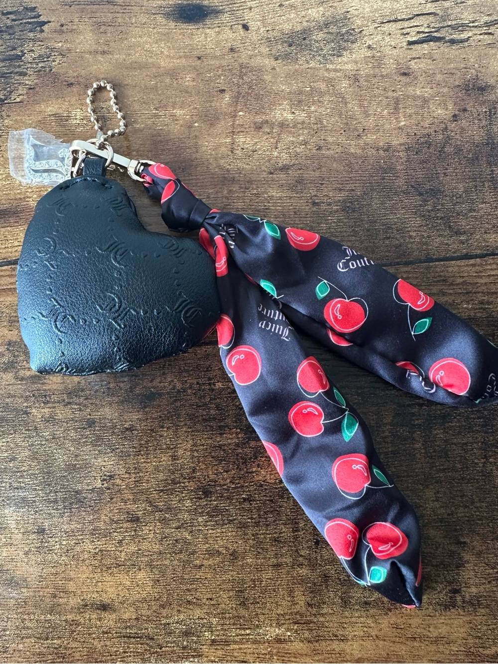 Juicy Couture Black Faux Leather Heart Keychain Bag Charm with Cherry Scarf NWOT